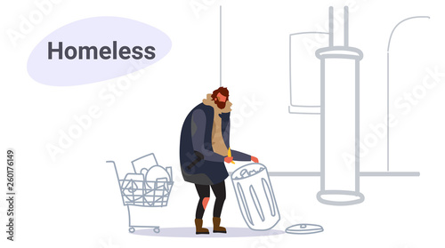 poor man with belongings in a trolley searching food in trash can beggar guy walking city street homeless concept sketch doodle horizontal full length