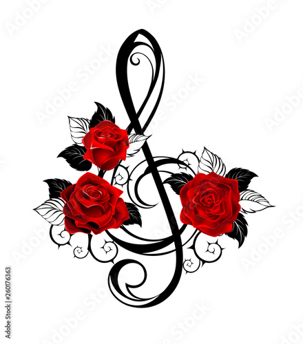 Black musical key with red roses