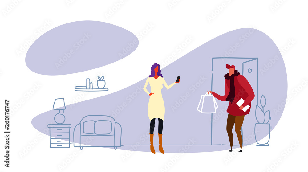 courier man in uniform handing shopping bags to woman customer with smartphone express delivery service concept modern living room interior sketch doodle horizontal