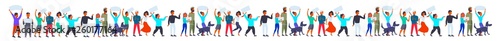 people group holding placards empty boards men women crown standing together on strike political meeting concept cartoon characters full length flat horizontal banner