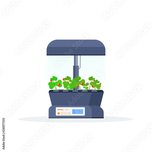 modern indoor fruits garden digital greenhouse electronic terrarium farm glass container eco farming house plants growing concept flat white background