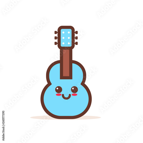cute blue classic wooden guitar cartoon comic character with smiling face happy emoji kawaii style acoustic musical instrument concept