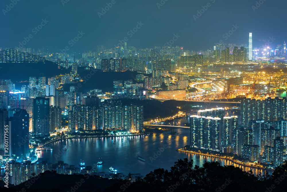 Fototapeta premium Aerial view of Hong Kong city at night