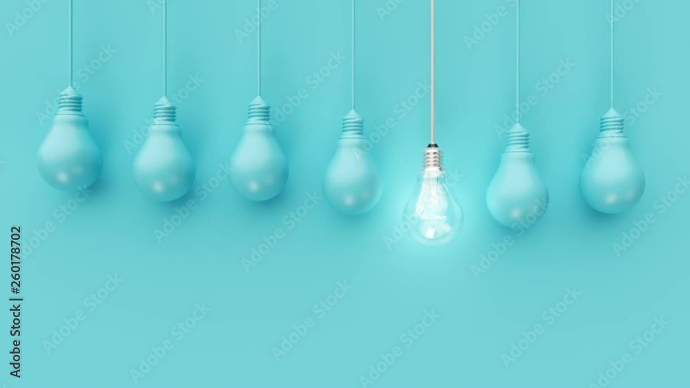 Hanging light bulbs with glowing one different idea on blue background. Minimal concept idea. 3D Animation.