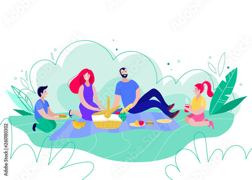 Happy family on a picnic. Dad, mom, son and daughter are resting in nature.
