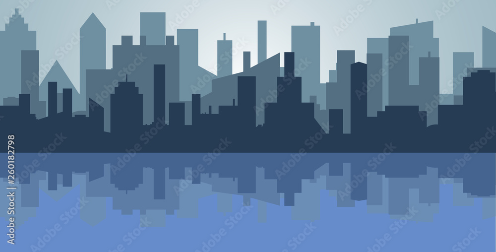 Silhouette of the cartoon city on shadow backgound. Urban vector symbol with river