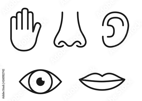 Outline icon set of five human senses: vision (eye), smell (nose), hearing (ear), touch (hand), taste (mouth with tongue)