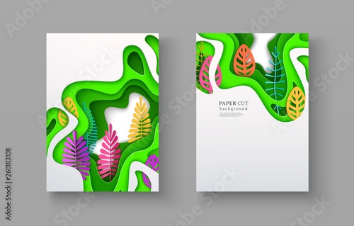 Set of seasonal banners with layered shapes and colorful leaves in paper cut style. The color palette is suitable for spring, summer, autumn. Effect of 3D in papercraft art. A4 size, vector