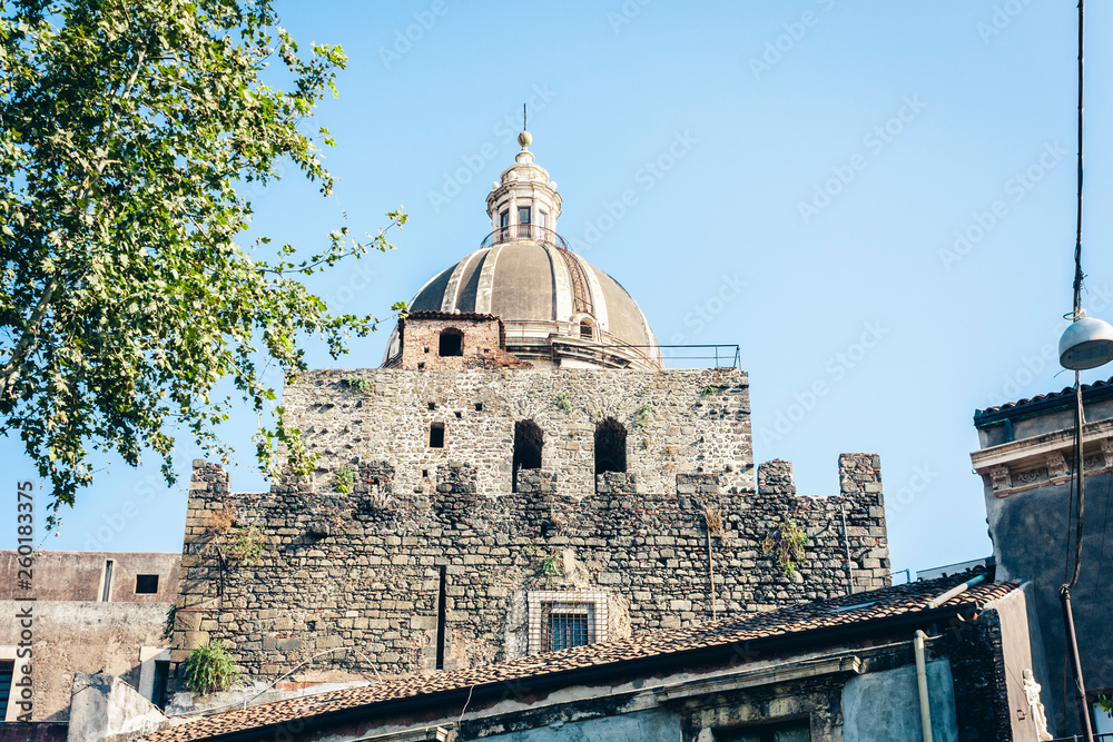 Beautiful cityscape of Italy, facade of old cathedral in Catania, Sicily, Italy, ancient baroque church.