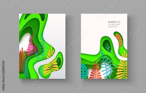 Set of seasonal banners with layered shapes and colorful leaves in paper cut style. The color palette is suitable for spring, summer, autumn. Effect of 3D in papercraft art. A4 size, vector