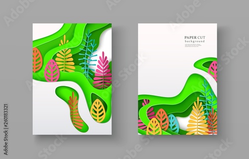 Set of seasonal banners with layered shapes and colorful leaves in paper cut style. The color palette is suitable for spring, summer, autumn. Effect of 3D in papercraft art. A4 size, vector
