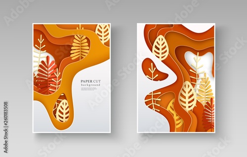 Wallpaper Mural Set of autumn banners with layered shapes and leaves in paper cut style