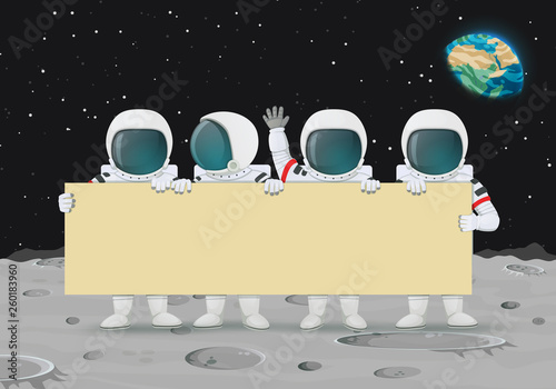 Group of astronauts holding a bid banner standing on a moon surface. Earth and stars in the background. Announcement, celebration, protest.