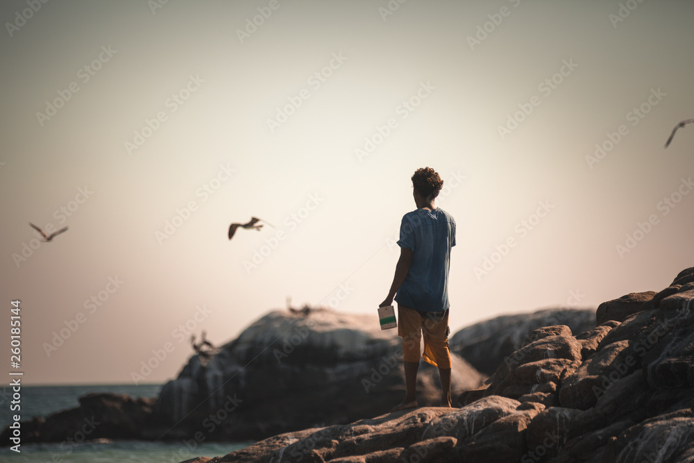 Obraz premium The kid on the cliff staring at the ocean and the seagull in the horizon
