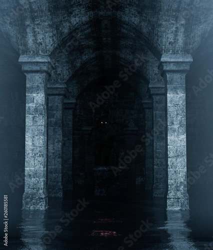 Fotografi Monster creature hiding in an old crypt that full of water,3d rendering**night s