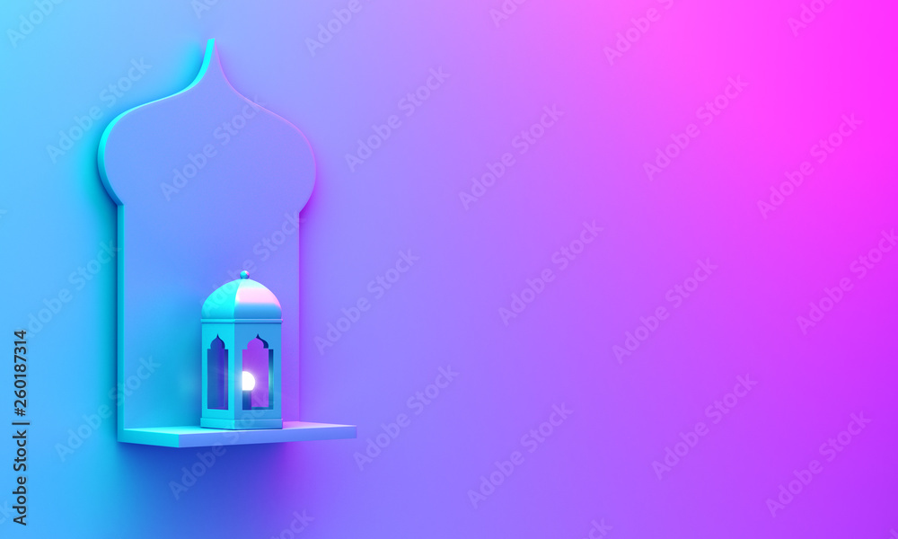 Arabic window shelf and lantern on blue pink violet gradient