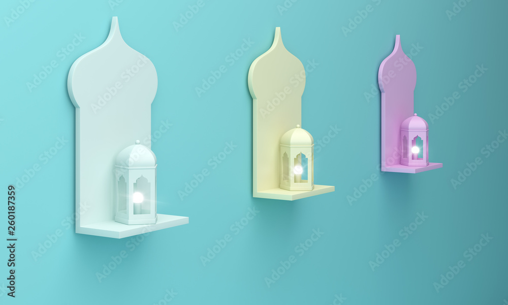 Arabic blue yellow pink hanging window shelf and lamp on blue pastel background. Design creative concept of islamic celebration day ramadan kareem or eid al fitr adha. 3D rendering illustration. Arabic blue yellow pink hanging window shelf and lamp on blue pastel background. Design creative concept of islamic celebration day ramadan kareem or eid al fitr adha. 3D rendering illustration.