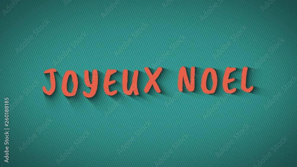 Animation bouncing letters with shadows. 'Joyeux Noel'. Merry Christmas in french language. Orange text on blue background