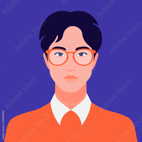 Portrait of a young asian man. Foreign student. Diversity. Avatar eastern guy. Vector flat illustration