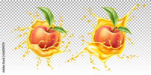 Vector realistic peach leaf in juice splash