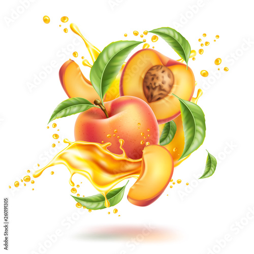 Vector realistic peach leaf slice juice splash