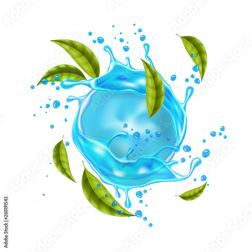 Vector realistic blue water splash mint leaves