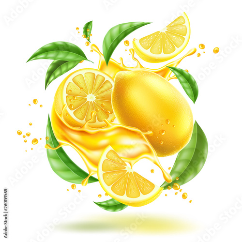 Vector realistic lemon splash flow with leaves