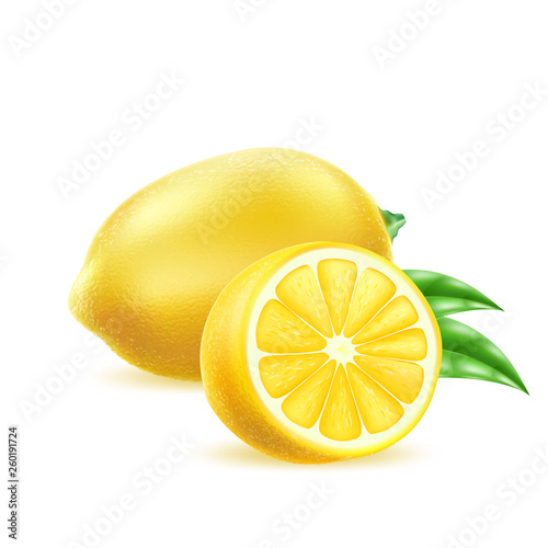 Vector realistic yellow lemon fruit with leaf