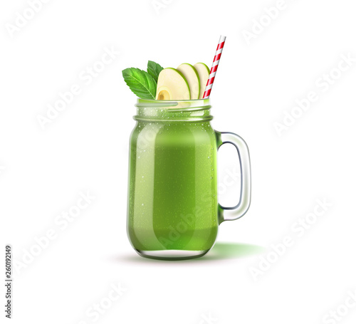 Realistic smoothie mason jar with apple slices, green leaves and straw. Green fruits and vegetables mix in glass jar. Detox cocktail for healthy dieting. Spinach, kiwi and celery shake.