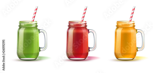 Realistic smoothie in mason jar with straw set. Fruits and vegetables mix in red, orange green glass jar. Detox cocktail for healthy dieting. Spinach, strawberry, mango shakes. Vector vitamin cocktail