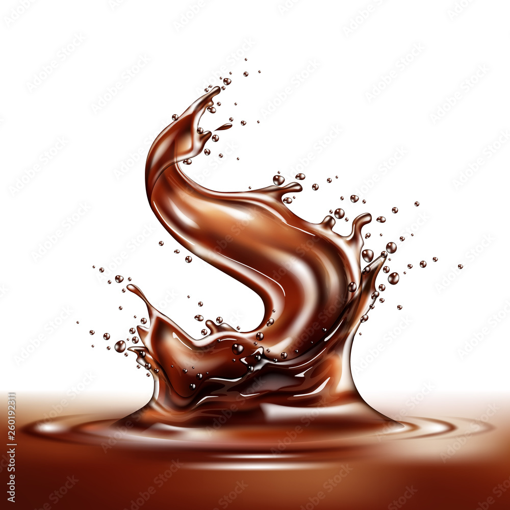 Realistic chocolate splash. Liquid choco swirl, pouring melted cocoa. Delicious sweet dessert flow. Vector splashing cacao motion. Brown drink wave with drops Realistic chocolate splash. Liquid choco swirl, pouring melted cocoa. Delicious sweet dessert flow. Vector splashing cacao motion. Brown drink wave with drops
