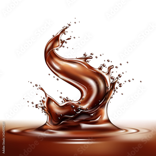 Realistic chocolate splash. Liquid choco swirl, pouring melted cocoa. Delicious sweet dessert flow. Vector splashing cacao motion. Brown drink wave with drops