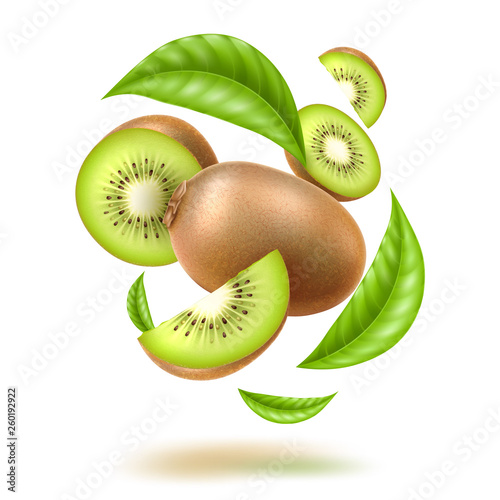 Realistic kiwi with green leaves swirl flow. Juicy exotic whole fruit, half and slice in motion Fresh organic food for healthy eating Ripe tropical berry for sweet dessert. Food package vector design.