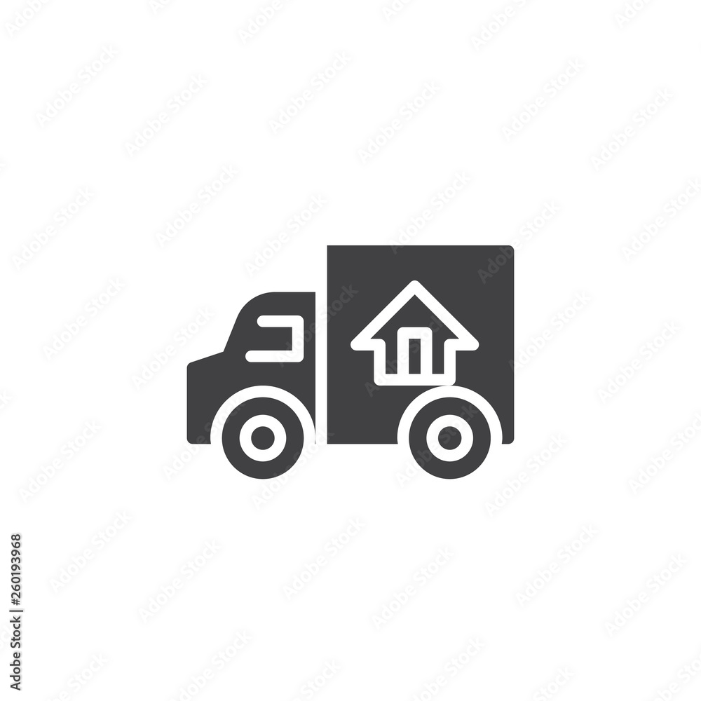Door to door delivery vector icon. Truck transporting a house filled flat sign for mobile concept and web design. Fast shipping delivery truck glyph icon. Symbol, logo illustration. Door to door delivery vector icon. Truck transporting a house filled flat sign for mobile concept and web design. Fast shipping delivery truck glyph icon. Symbol, logo illustration.