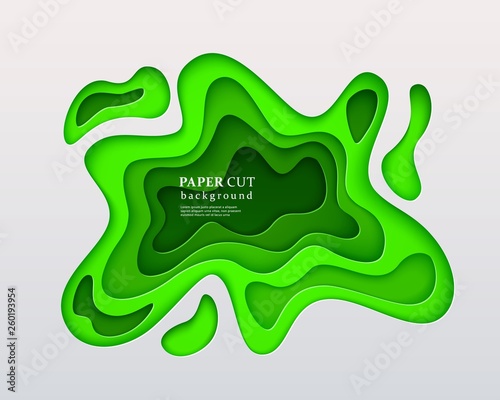 3d papercut style background. Green composition with a layered effect of flowing shapes with a shadow, carving art. Abstract paper cut design, vector illustration