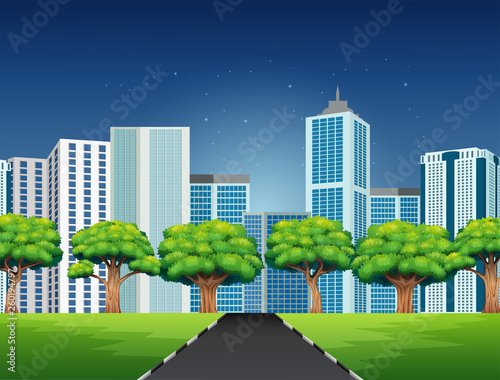 Cartoon of a city scene with road to downtown