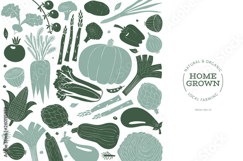Fun hand drawn vegetables design template. Food background. Linocut style. Healthy food. Vector illustration