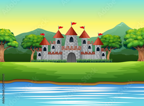Nature scene with castle and a pond