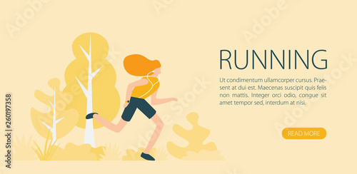 Running woman in motion.Training outdoor flat vector.