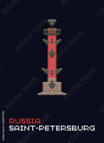 Pixel art vector illustration, flat style. Stylish colorful landmarks. Rostral column simple 8-bit icon, the symbol of Russia, Saint Petersburg