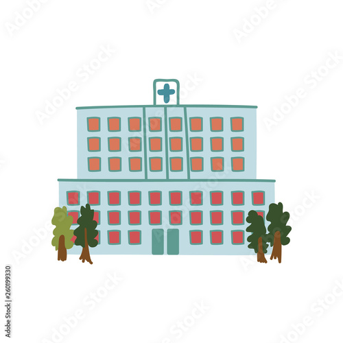 Hospital Public City Building, Front View Cartoon Vector Illustration
