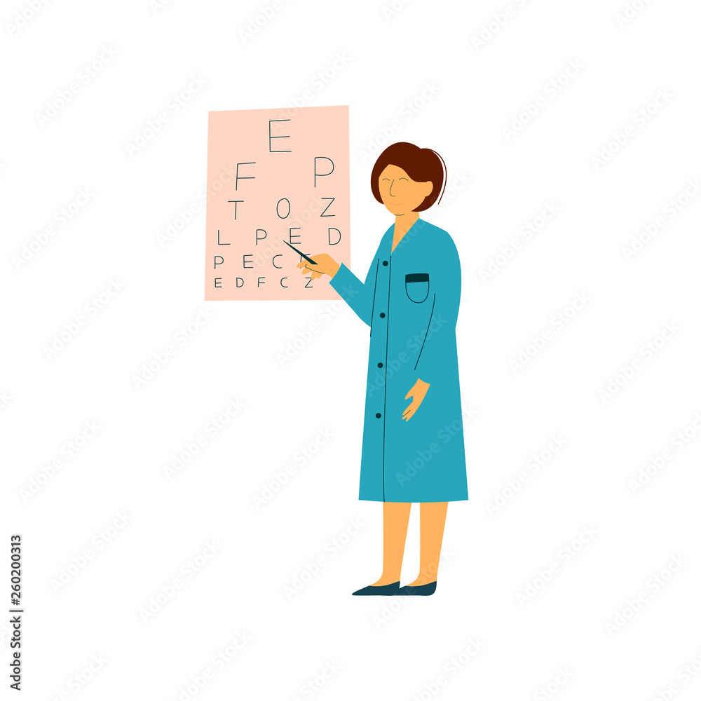 Ophthalmologist Doctor Character Pointing at Eye Chart, Worker of Medical Clinic or Hospital in Uniform Vector Illustration Ophthalmologist Doctor Character Pointing at Eye Chart, Worker of Medical Clinic or Hospital in Uniform Vector Illustration