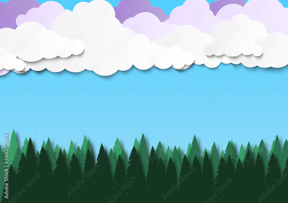 Summer landscape with clouds and forest. Blue sky over the forest. Place for text. Paper cut design. Vector