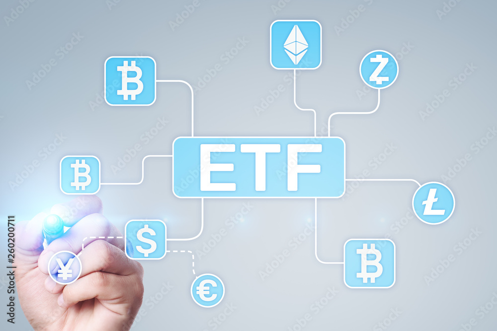 Bitcoin ETF. Exchange traded fund and cryptocurrency concept on virtual screen. Bitcoin ETF. Exchange traded fund and cryptocurrency concept on virtual screen.