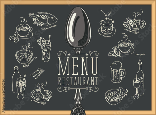 Vector restaurant menu with spoon, sketches of different dishes and handwritten inscriptions on the black background. Contour drawings in retro style. Drawing chalk on the blackboard