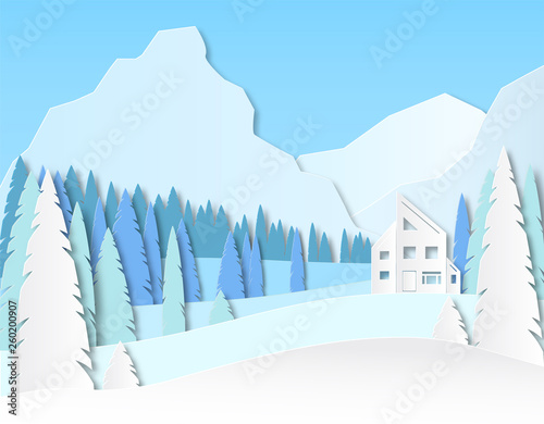 Landscape with a house in the mountains. Spruce forest and fields. 3d paper cut design. Advertising travel and recreation. Vector