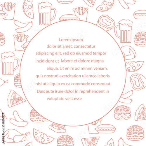 Beer, different types of food and fast food.