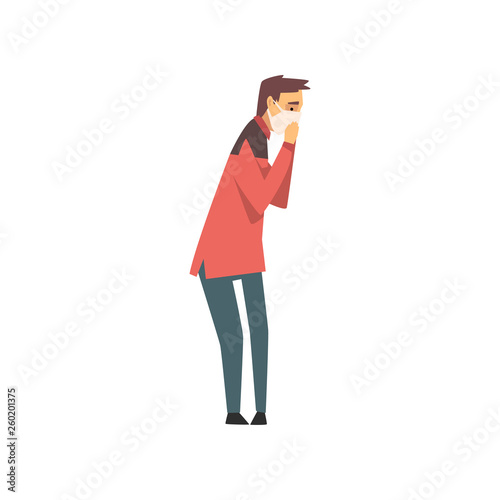 Young Man Wearing Protective Mask, Unhappy Guy Suffering from Industrial Smog Vector Illustration