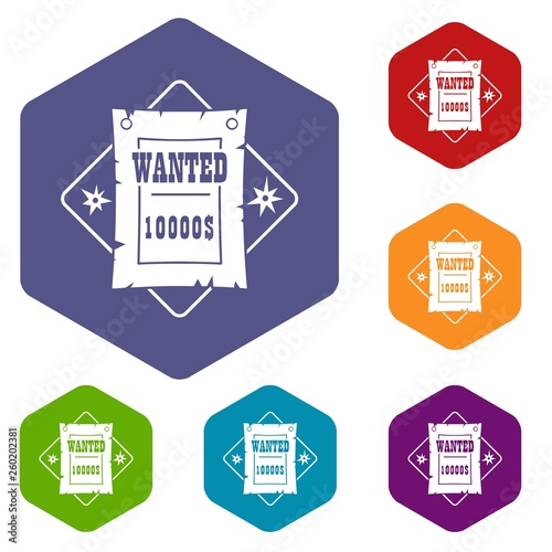 Wanted icons vector colorful hexahedron set collection isolated on white 