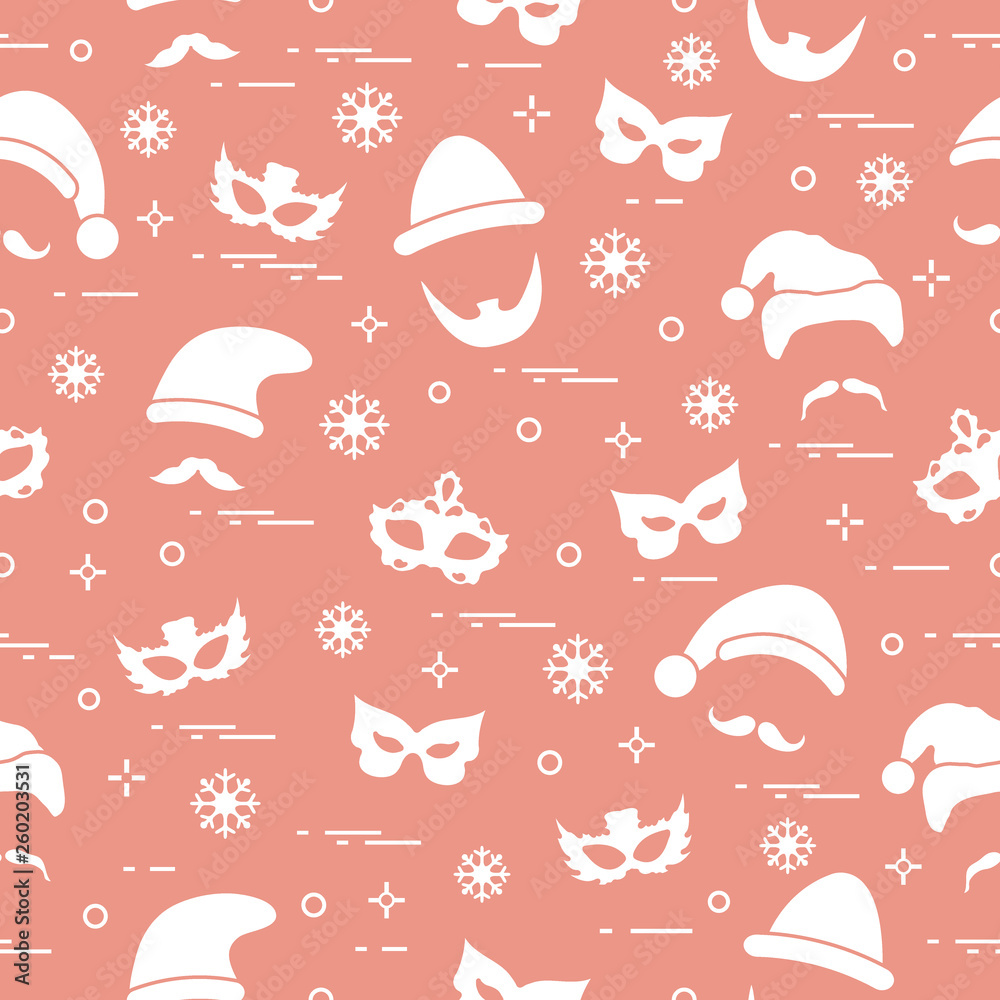 Seamless pattern of different carnival decorations: masks, christmas hats, mustache, beard.